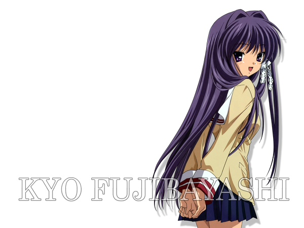 Anime picture 1600x1200 with clannad key (studio) fujibayashi kyou tagme (artist) single long hair looking at viewer open mouth purple eyes purple hair character names hands behind back transparent background girl uniform bow hair bow serafuku