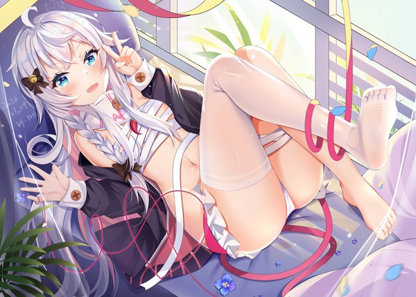 Anime picture 3500x2500 with virtual youtuber nanakagu karatou ch kagura nana miaogujun single long hair looking at viewer blush highres breasts open mouth blue eyes light erotic signed payot absurdres full body ahoge bent knee (knees) white hair