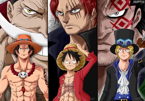 Anime picture 2900x2034 with one piece toei animation monkey d. luffy portgas d. ace sabo (one piece) shanks edward newgate monkey d dragon ediptus looking at viewer fringe highres short hair black hair blonde hair smile hair between eyes standing bare shoulders holding