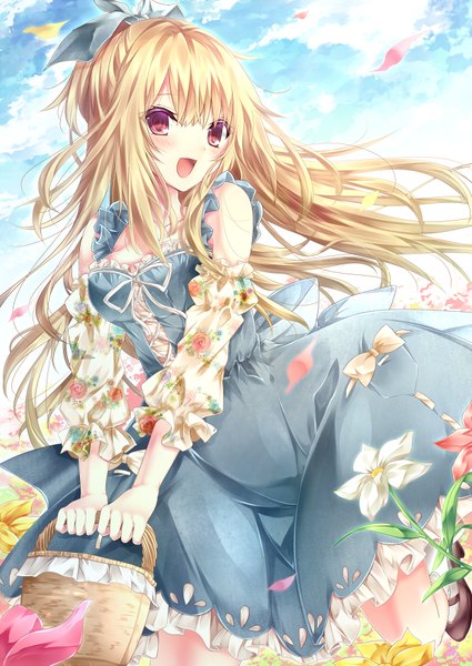 Anime picture 620x876 with original tetsu tissue single long hair tall image blush open mouth blonde hair red eyes :d half updo girl dress flower (flowers) detached sleeves petals blue dress basket