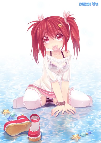 Anime picture 1414x2000 with original vivian (mvv) mvv long hair tall image blush light erotic red eyes sitting twintails red hair wariza condom in mouth girl thighhighs underwear panties white thighhighs shoes hairclip