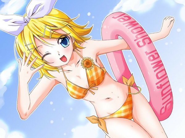 Anime picture 1024x768 with vocaloid kagamine rin tagme (artist) single looking at viewer fringe short hair open mouth blue eyes blonde hair smile sky cloud (clouds) one eye closed wink girl navel hair ornament flower (flowers) bow
