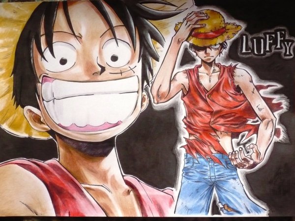 Anime picture 2816x2112 with one piece toei animation monkey d. luffy highres short hair black hair simple background smile standing full body upper body wind black eyes inscription teeth character names torn clothes dark background scar close-up