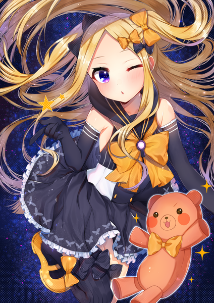 Anime picture 1200x1697 with fate (series) fate/grand order abigail williams (fate) akirannu single long hair tall image looking at viewer blush fringe open mouth blonde hair purple eyes payot bent knee (knees) one eye closed wink alternate costume floating hair sailor collar