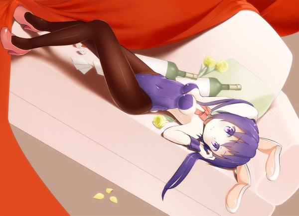 Anime picture 1700x1231 with gochuumon wa usagi desu ka? white fox tedeza rize glenn (600224) single long hair blush breasts light erotic twintails purple eyes animal ears blue hair lying bunny ears bunny girl girl flower (flowers) couch bunnysuit