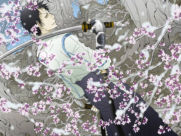 Anime picture 1024x768 with katekyou hitman reborn yamamoto takeshi yuumamagon single short hair black hair traditional clothes from behind cherry blossoms weapon over shoulder boy gloves weapon plant (plants) sword tree (trees) katana branch roots