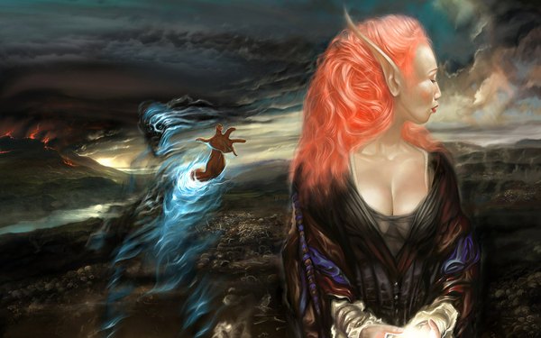 Anime picture 1920x1200 with original tagme (artist) long hair highres wide image pink hair sky cloud (clouds) profile pointy ears couple dark background wavy hair smoke crossed arms elf ghost river battle bone (bones)