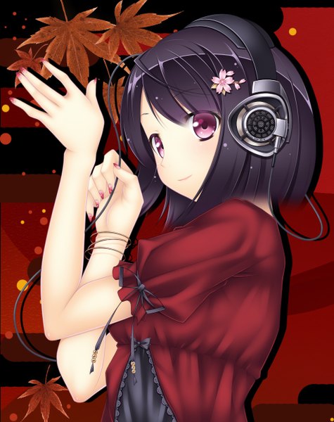 Anime picture 984x1242 with original ekureeru (artist) single tall image blush fringe short hair black hair smile purple eyes looking away lying nail polish hair flower fingernails light smile bob cut girl hair ornament flower (flowers)