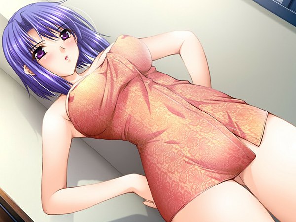 Anime picture 1024x768 with aniyome wa ijippari (game) single light erotic purple eyes blue hair game cg girl