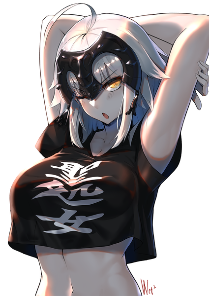 Anime picture 932x1315 with fate (series) fate/grand order jeanne d'arc (fate) (all) jeanne d'arc alter (fate) d-cao single tall image looking at viewer blush fringe short hair breasts open mouth simple background large breasts white background yellow eyes payot silver hair upper body