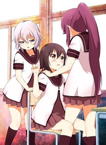 Anime picture 999x1365 with yuru yuri doga kobo funami yui sugiura ayano ikeda chitose kamiki uutarou long hair tall image blush fringe short hair open mouth black hair standing sitting purple eyes multiple girls brown eyes purple hair ahoge