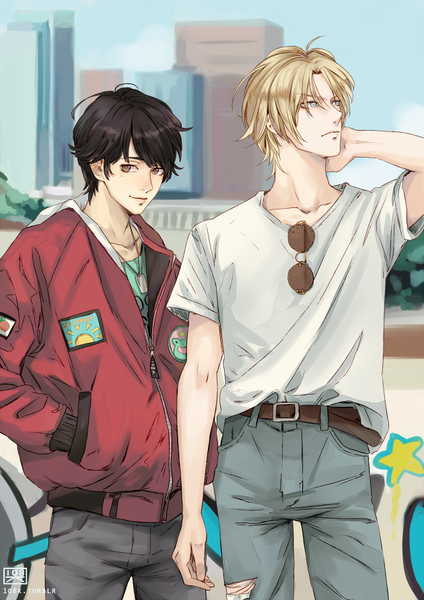 Anime picture 630x891 with banana fish mappa ash lynx okumura eiji 1o8k tall image looking at viewer short hair blue eyes black hair blonde hair brown eyes signed looking away outdoors multiple boys city hand in pocket casual sunglasses removed