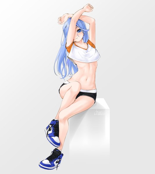Anime picture 1820x2048 with original nike minah (chaesu) chaesu single long hair tall image highres blue eyes light erotic simple background sitting signed blue hair full body arms up bare belly short sleeves gradient background girl