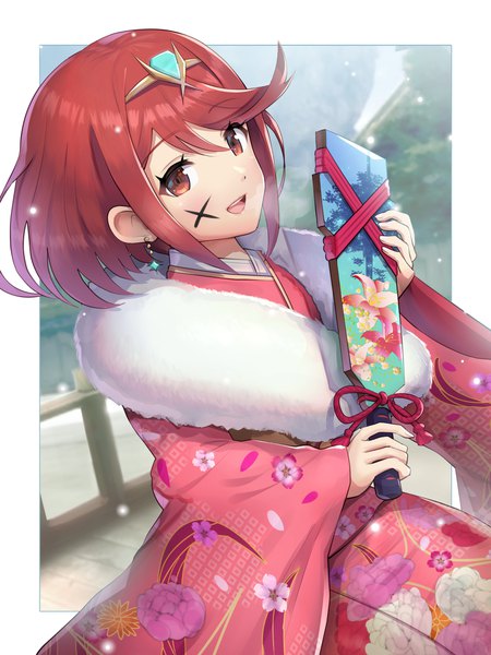 Anime picture 959x1280 with xenoblade xenoblade 2 pyra (xenoblade) gonzarez single tall image looking at viewer blush fringe short hair open mouth hair between eyes red eyes holding upper body outdoors red hair traditional clothes :d japanese clothes