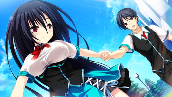 Anime picture 2560x1440 with cocoro@function! hayami asagao long hair highres short hair black hair red eyes wide image game cg couple girl boy uniform school uniform