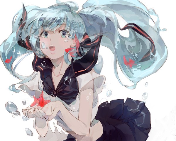 Anime picture 1250x1000 with vocaloid hatsune miku bottle miku chacall single long hair looking at viewer blush fringe open mouth simple background white background twintails pleated skirt aqua eyes aqua hair teeth liquid hair girl skirt