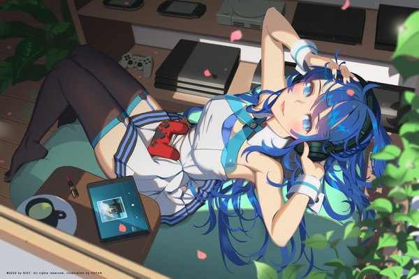 Anime picture 2048x1365 with original sony ai-chan (playstation) vofan single long hair looking at viewer blush fringe highres blue eyes smile blue hair full body bent knee (knees) indoors parted lips from above arms up reclining
