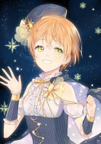 Anime picture 600x848 with love live! school idol project love live! school idol festival sunrise (studio) love live! hoshizora rin marin (myuy 3) single tall image blush short hair smile green eyes looking away upper body orange hair waving girl detached sleeves earrings star (symbol)