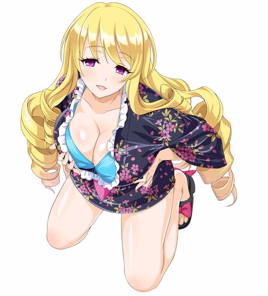 Anime picture 1024x1128 with valkyrie drive arms corporation ariel foch cle masahiro single long hair tall image blush breasts open mouth light erotic blonde hair simple background white background purple eyes cleavage traditional clothes japanese clothes drill hair girl