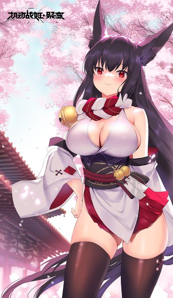 Anime picture 1500x2586 with armor girls li zhiheng single tall image looking at viewer blush fringe breasts light erotic black hair smile hair between eyes red eyes large breasts standing bare shoulders animal ears sky cleavage very long hair
