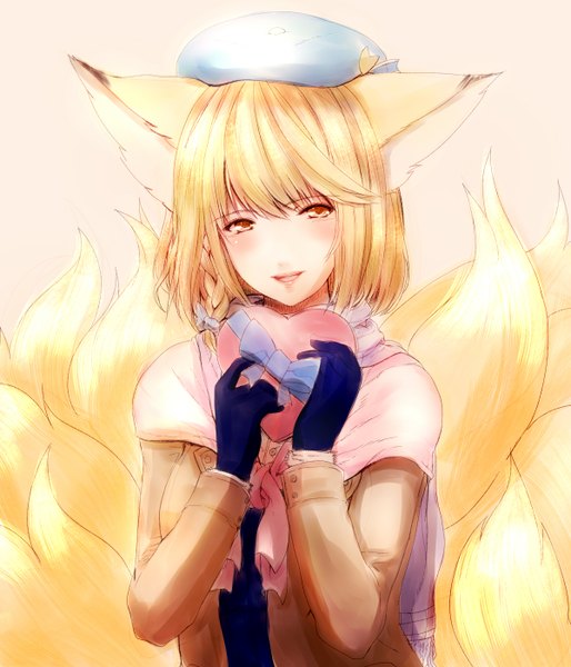 Anime picture 1200x1400 with touhou yakumo ran dearmybrothers single tall image blush fringe short hair breasts open mouth simple background blonde hair animal ears looking away tail braid (braids) animal tail alternate costume fox ears fox tail