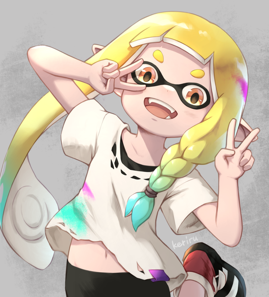 Anime picture 1425x1575 with splatoon splatoon 3 nintendo inkling khell single long hair tall image looking at viewer open mouth simple background blonde hair braid (braids) :d pointy ears grey background orange eyes victory side braid eyebrows