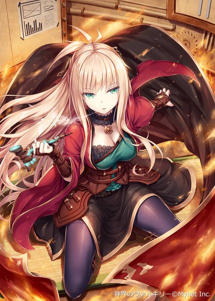 Anime picture 643x900 with shinkai no valkyrie hiraga the great akkijin single long hair tall image fringe breasts blonde hair holding green eyes looking away cleavage indoors from above wind wide sleeves copyright name outstretched arm smoke