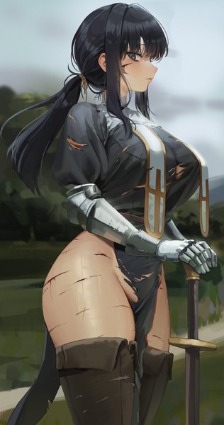 Anime picture 4000x7599 with original gompang 11 single long hair tall image looking at viewer fringe highres breasts light erotic black hair large breasts standing absurdres cloud (clouds) outdoors ponytail profile grey eyes thighs