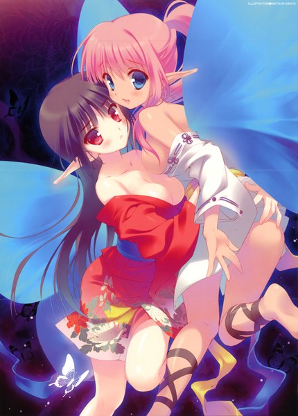 Anime picture 2509x3500 with long hair tall image looking at viewer blush highres breasts blue eyes light erotic black hair red eyes bare shoulders multiple girls pink hair ponytail traditional clothes japanese clothes looking back barefoot pointy ears inscription