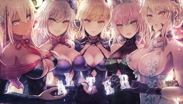 Anime picture 1600x909 with fate (series) fate/grand order artoria pendragon (all) jeanne d'arc (fate) (all) jeanne d'arc alter (fate) okita souji (fate) (all) saber alter artoria pendragon (lancer alter) atalanta (fate) okita souji alter (fate) atalanta (alter) (fate) minyom long hair looking at viewer blush fringe short hair breasts open mouth light erotic