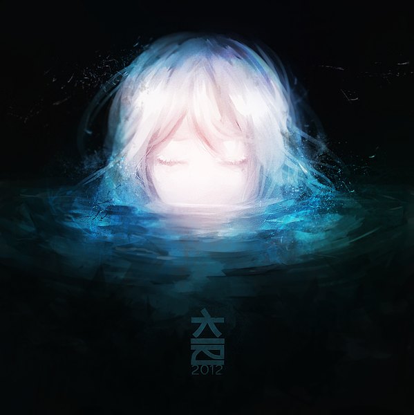 Anime picture 1200x1203 with original kidneh single long hair tall image white hair eyes closed inscription partially submerged hieroglyph dark background 2012 girl water