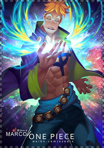 Anime picture 650x919 with one piece toei animation marco (one piece) zhang ding single tall image looking at viewer short hair open mouth blonde hair standing signed open clothes teeth tattoo copyright name character names muscle abs aura