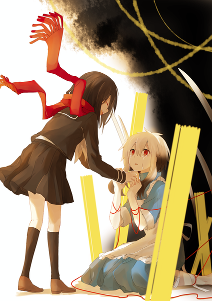 Anime picture 1028x1456 with kagerou project shaft (studio) tateyama ayano mary (kagerou project) aaniko long hair tall image fringe open mouth black hair blonde hair simple background hair between eyes red eyes sitting multiple girls payot ahoge eyes closed long sleeves