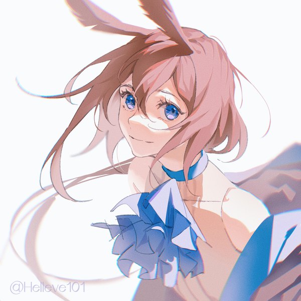 Anime picture 2000x2000 with arknights amiya (arknights) helleve single long hair looking at viewer fringe highres blue eyes simple background smile hair between eyes brown hair white background animal ears upper body bunny ears girl