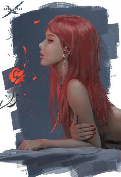 Anime picture 1024x1489 with ghost blade lenia wlop single long hair tall image open mouth light erotic red eyes bare shoulders red hair nail polish profile realistic reclining girl flower (flowers) earrings petals rose (roses)