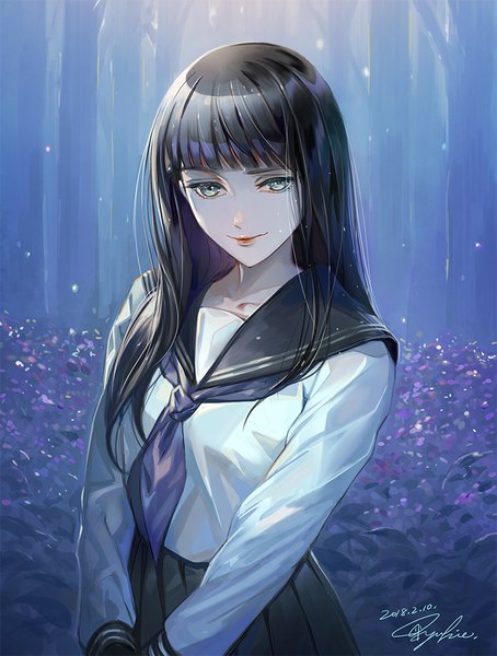 Anime picture 800x1056 with original tajima yukie single long hair tall image looking at viewer fringe black hair smile standing signed outdoors blunt bangs pleated skirt lips grey eyes dated tsurime 2018 girl