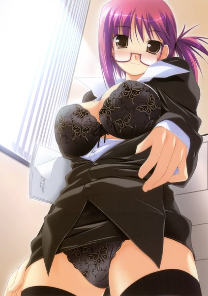 Anime picture 2246x3186 with yukirin tall image blush highres breasts light erotic large breasts brown eyes purple hair girl underwear panties glasses