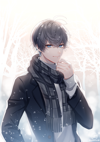 Anime picture 636x900 with original umeno shii single tall image looking at viewer fringe short hair blue eyes black hair hair between eyes standing ahoge light smile open jacket snowing winter boy jacket scarf plaid scarf
