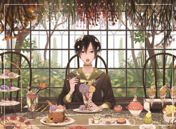 Anime picture 1500x1101 with original szu lin (no.empty) single looking at viewer fringe short hair open mouth black hair hair between eyes holding signed upper body indoors hair flower black eyes dated eating framed sailor collar food in mouth