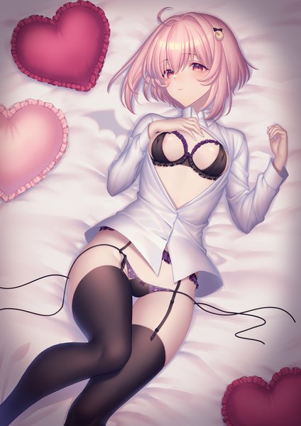 Anime picture 1158x1637 with original sakura shiho single tall image blush fringe short hair light erotic hair between eyes pink hair ahoge lying pink eyes on back thigh gap hand on chest covered nipples partially open clothes untied unbuttoned