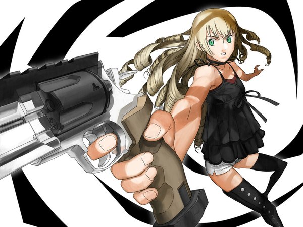 Anime picture 1024x768 with blonde hair green eyes scan zettai ryouiki drill hair thighhighs weapon choker shorts boots gun pistol white shorts revolver