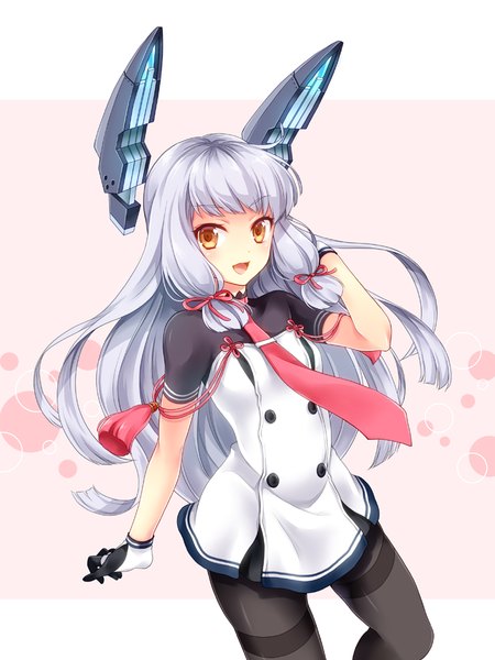 Anime picture 712x950 with kantai collection murakumo destroyer kubyou azami single long hair tall image looking at viewer blush fringe open mouth yellow eyes silver hair wind tress ribbon remodel (kantai collection) girl gloves hair ornament ribbon (ribbons) hair ribbon