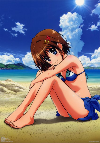 Anime picture 3277x4648 with mahou shoujo lyrical nanoha yagami hayate tall image blush highres short hair blue eyes light erotic smile brown hair absurdres sky cloud (clouds) scan official art beach girl swimsuit bikini sea