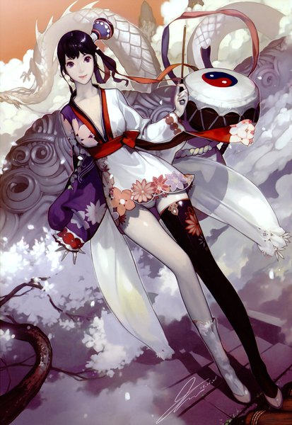 Anime picture 1736x2521 with poppic oriental (artbook) original ryu hunyong (artisst) single long hair tall image highres black hair smile purple eyes chinese clothes girl thighhighs underwear panties ribbon (ribbons) petals single thighhigh chinese dress dragon