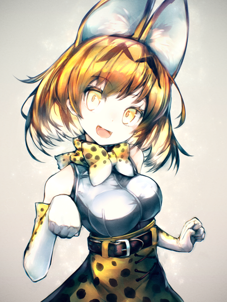 Anime picture 1221x1623 with kemono friends serval (kemono friends) kusakanmuri single tall image looking at viewer fringe short hair breasts open mouth light erotic simple background blonde hair smile hair between eyes large breasts bare shoulders animal ears yellow eyes upper body