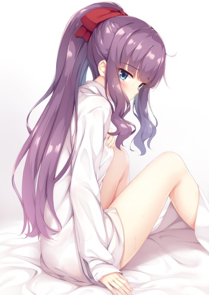 Anime picture 1032x1457 with new game! doga kobo takimoto hifumi tomifumi single long hair tall image looking at viewer blush fringe breasts blue eyes simple background sitting payot purple hair ponytail blunt bangs gradient background turning head