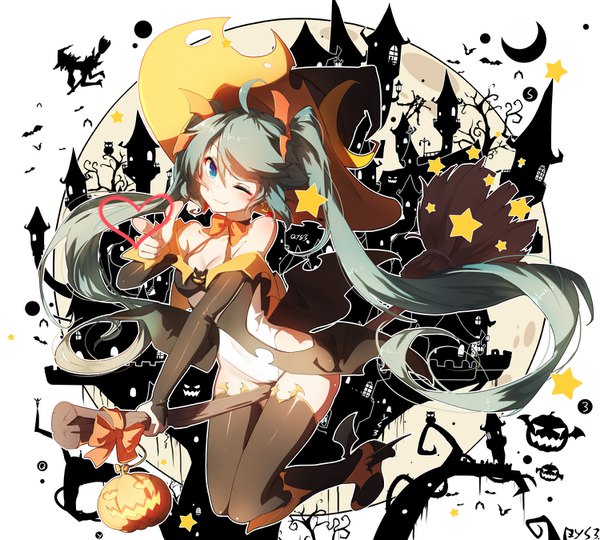 Anime picture 1500x1350 with vocaloid hatsune miku qys3 single looking at viewer blush blue eyes light erotic smile twintails signed ahoge very long hair one eye closed aqua hair fang (fangs) halloween flying witch silhouette