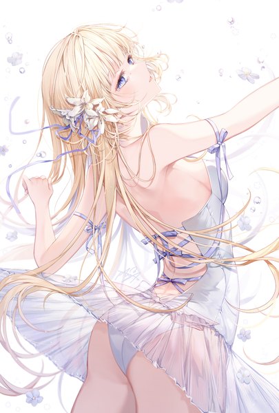 Anime picture 1371x2031 with original taya oco single long hair tall image looking at viewer blush fringe breasts open mouth blue eyes light erotic simple background blonde hair white background ass blunt bangs from behind arched back ballerina
