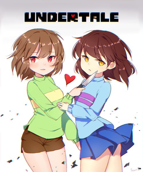Anime picture 1850x2223 with undertale chara (undertale) frisk (undertale) goyain tall image blush highres short hair breasts open mouth light erotic simple background red eyes brown hair holding yellow eyes ass text plaid skirt anaglyph