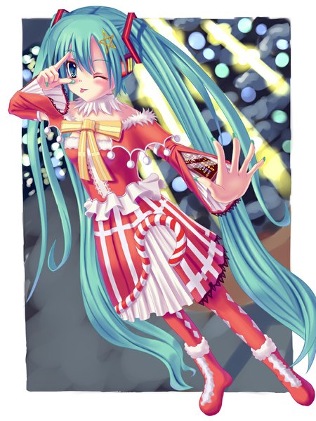 Anime picture 800x1066 with vocaloid hatsune miku yurina (artist) single tall image blush blue eyes twintails very long hair one eye closed wink aqua hair :p girl dress hair ornament tongue